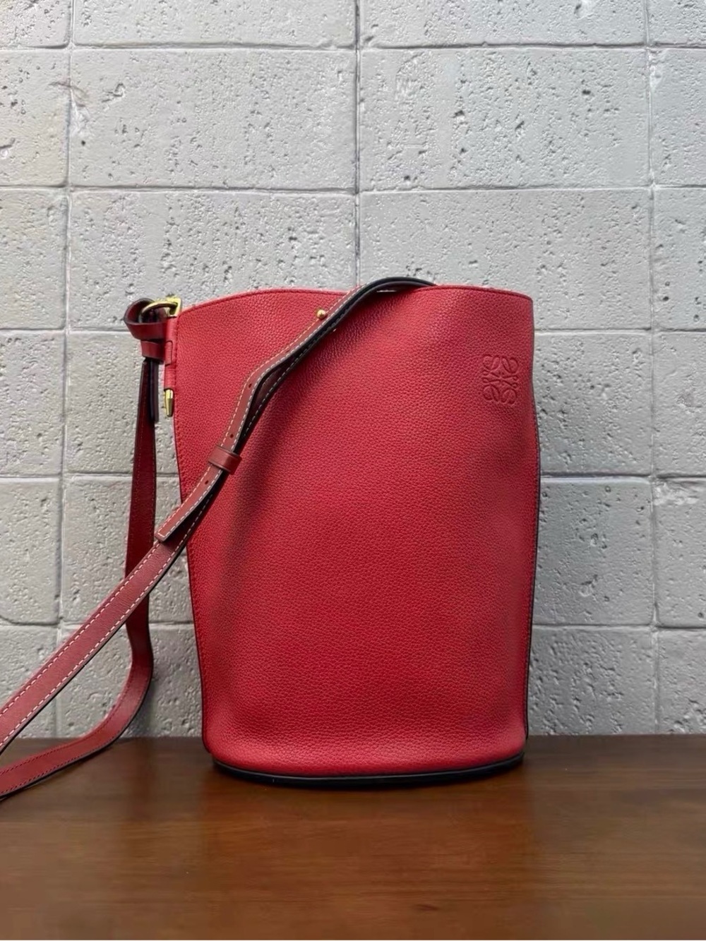 Loewe Red Pebbled Leather Bucket Crossbody